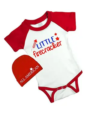 Little Firecracker baby onesie with cap, white and red raglan sleeves
