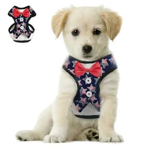 Bark Lover small dog harness with American flag pattern and bowtie