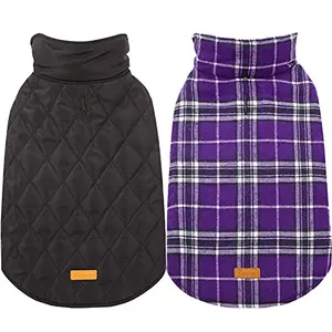 Purple plaid Kuoser reversible dog coat on a medium dog
