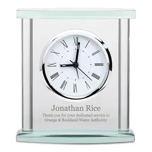 Executive Gift Shoppe glass table clock with silver accents and custom engraving on white background