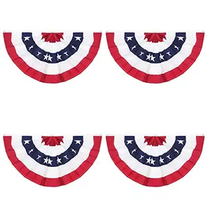 Four classic American bunting flags in red white and blue on a porch