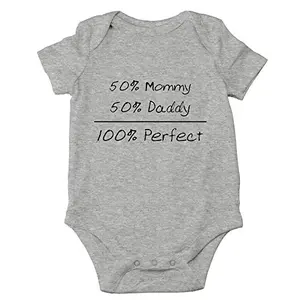 Heather grey bodysuit with '50% Mommy, 50% Daddy, 100% Baby' slogan, cute unisex choice