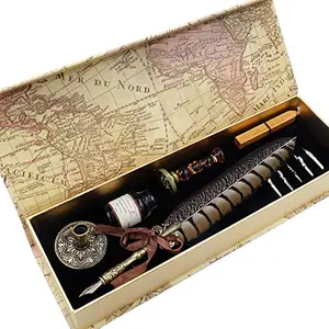 GC QUILL antique feather quill dip pen set with wax seal and nibs on parchment paper