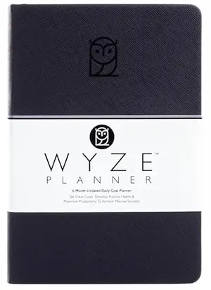 Wyze Planner black hardcover daily planner with faux leather cover and lay-flat binding