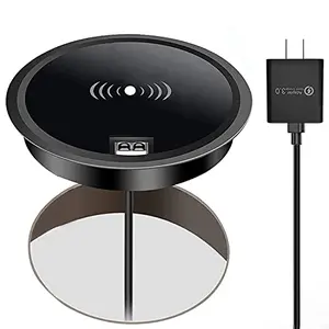 Hopopower black wireless charging pad on wooden desk with iPhone and Samsung phone