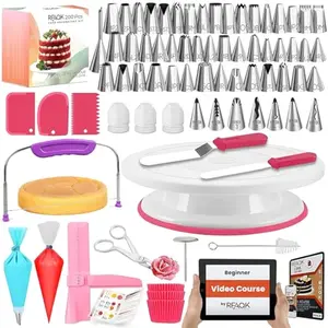 RFAQK 200pc cake decorating kit with turntable, piping tips, and accessories