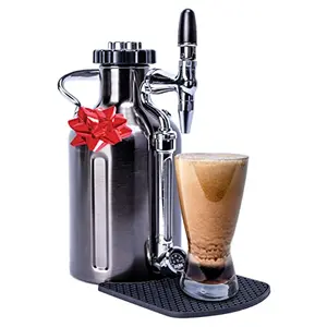 Black chrome uKeg Nitro dispenser on a countertop pouring a creamy nitro cold brew