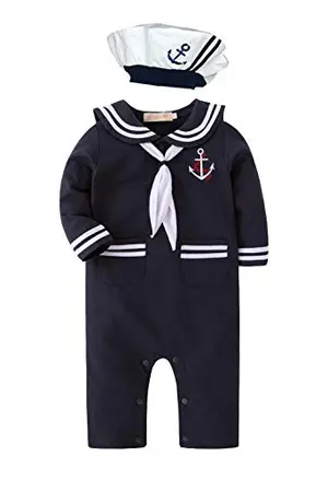 XM Nyan navy long sleeve sailor jumpsuit with hat and embroidered anchor logo on baby boy