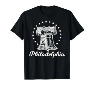 Classic black t-shirt with bold Liberty Bell and stars design, perfect for Philadelphia tour groups