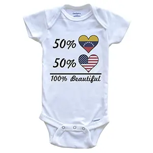White baby onesie with Venezuela and American flag heart design