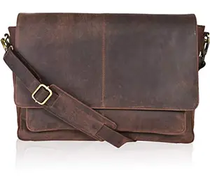 Wood-colored genuine leather Oak Leathers messenger bag with padded handle
