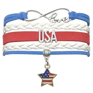 HCChanshi star bracelet with red, white, and blue cords laid out on table
