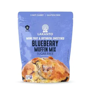 Lakanto sugar free blueberry muffin mix box with baked muffin