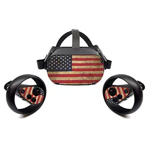 MightySkins Vintage Flag wrap installed on an original Oculus Quest, with a retro flag design and glossy finish