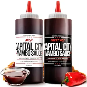 Capital City Mambo Sauce Sweet Hot & Mild Variety Pack bottles on a table