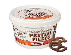 2-pound bulk bucket of Asher's milk chocolate smothered pretzels