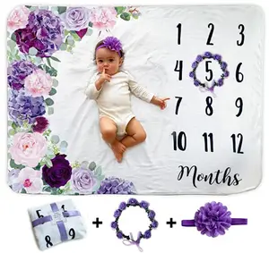 NOVO baby purple floral milestone blanket with matching baby bow