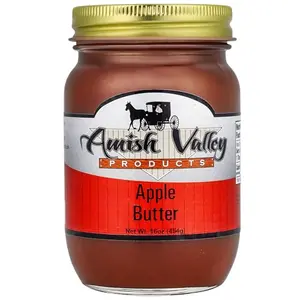16-ounce glass jar of Amish Valley Products Apple Butter with a rustic label.
