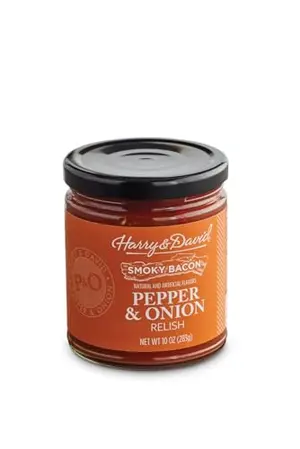 Harry & David Bacon Pepper & Onion Relish jar for hot dogs