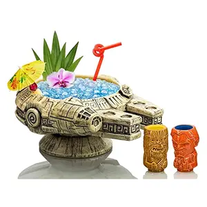 Star Wars Millennium Falcon ceramic tiki bowl with Han Solo and Chewbacca muglets, holding 45 ounces, ideal for serving large rum punches.