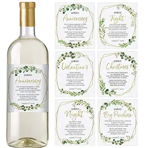 Greenery-themed marriage milestone wine labels from Printed Party, featuring six different occasions like first fight and first anniversary