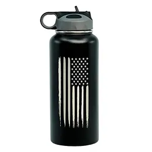 Military Gift Shop 32oz engraved American flag water bottle with matte black finish and carry handle