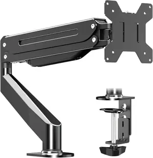 Suptek monitor arm with a 32-inch monitor on a white desk, showing height adjustability