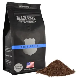 Black Rifle Coffee Company Thin Blue Line ground coffee bag with patriotic design