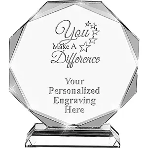 Custom crystal octagon award with beveled edges, engraved with recognition message