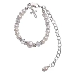 Cherished Moments Sterling Silver Cross Bracelet with Cultured Pearls for Baptism