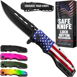 GRAND WAY spring assisted American flag pocket knife with aluminum handle