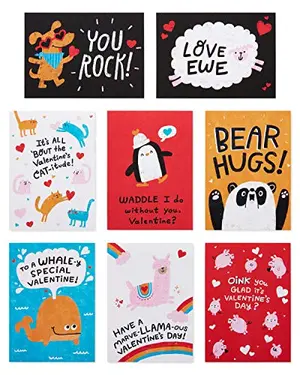 Mini Valentine note cards with animal pun designs, pile of 40 cards in different patterns