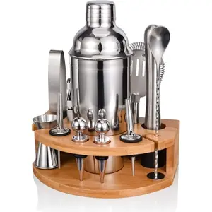 Esmula 12-piece bartender kit with bamboo stand and stainless steel shaker
