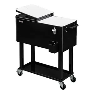 Black VINGLI 80-quart rolling cooler with built-in bottle opener and shelf on a patio