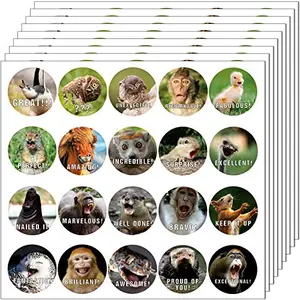 Collection of round stickers with cartoon animals making funny facial expressions