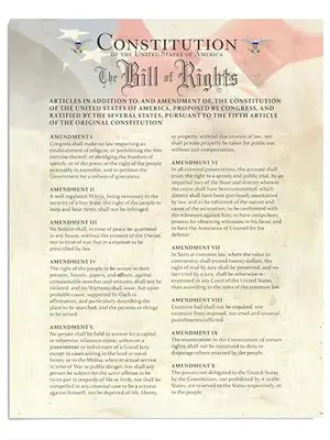 American flag Bill of Rights poster print hanging in a civics classroom