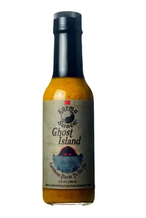 Ghost Island hot sauce bottle with tropical label
