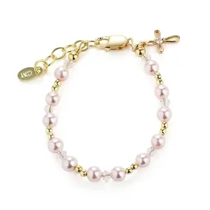 Cherished Moments 14K Gold-Plated Pink Pearl Baptism Bracelet with Cross Charm
