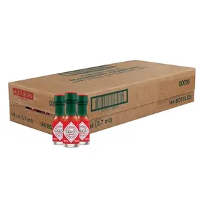 A box containing 144 miniature 1/8-ounce bottles of Tabasco Original Red Pepper Sauce