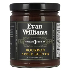 10-ounce jar of Evan Williams Apple Butter with a bourbon-themed label.