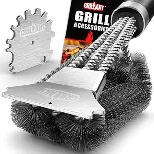 GRILLART triple-head wire grill brush on a grate