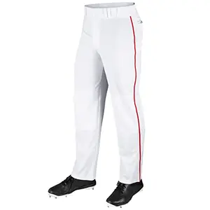 White baseball pants with contrast color braid piping down the outer leg, open bottom style