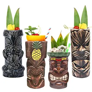 Set of 4 brown ceramic tiki mugs with unique faces and included lids and straws, ideal for small gatherings and rum drinks.