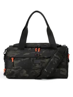 Vooray Boost Duffel bag in abstract camo print showing the dual zipper opening and shoe compartment