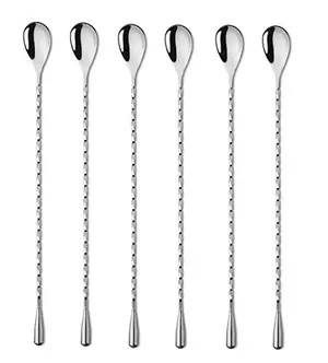 Set of six SZLFSX 12-inch bar spoons with spiral pattern on a bar mat