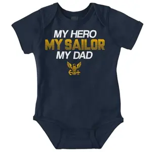 Brisco Brands US Navy Logo My Dad Hero Sailor Baby Romper in navy blue with white lettering
