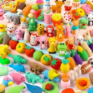 Colorful assortment of 100 3D puzzle animal erasers by HINZER, featuring animals, fruits, and desserts