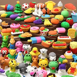 UMIKU 100 pack of multicolor 3D puzzle erasers shaped like animals, fruits, and sports items