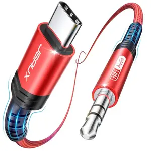Red JSAUX USB-C to 3.5mm aux cable with braided nylon