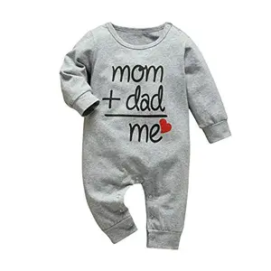 Gray baby romper with 'Mom + Dad = Me' lettering, fun daddy's home outfit option